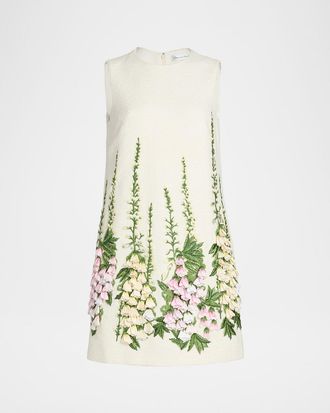 Oscar De La Renta Foxglove Embroidered Tweed Mini Shift Dress