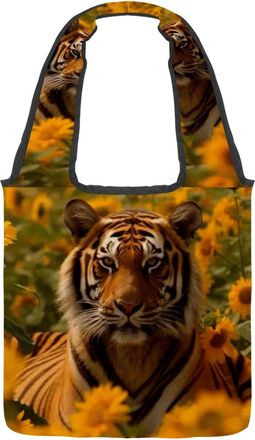 Generic Sunflowers Pattern Tiger Reversible Canvas Shoulder Tote - Double-Sided Print, 12oz Cotton, 27cm Drop, Fold-Flat Bag for Travel, Shopping, Street Outi