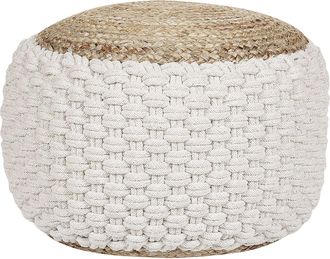 Beliani Pouf Ottomano Rotondo In Maglia Boho In Cotone E Iuta 50 X 35 Cm Bianco E Beige Aiza