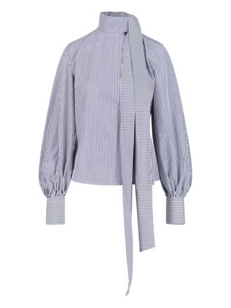 Finamore Blue Striped Lindsay High-Neck Cotton Blouse