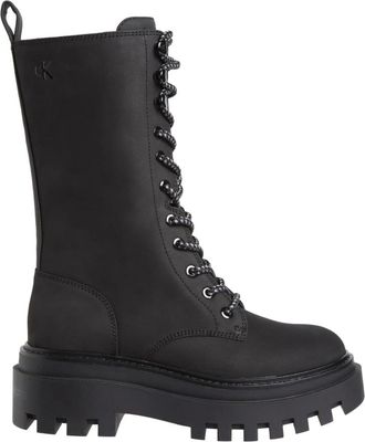 Calvin Klein Jeans Flatform Veterlaars - Dames - Veterlaarzen - Zwart - 39 EU - Leer - Schoenen