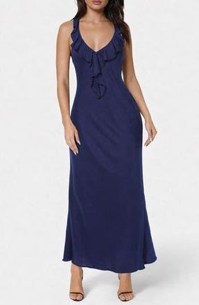 Bebe Crushed Satin Ruffle Halter Dress in Navy at Nordstrom Rack, Size X-Small
