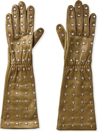 Bottega Veneta Leren handschoenen met reli&euml;flogo en studs - Dames - Handschoenen - Groen - 7 1/2 IN - Leer - Accessoires