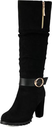 Generic Womens High Heeled Knight Boots Faux Suede Knee High Boots with Buckle Round Toe Platform Long Boot with Side Zipper,Black,3.5 UK