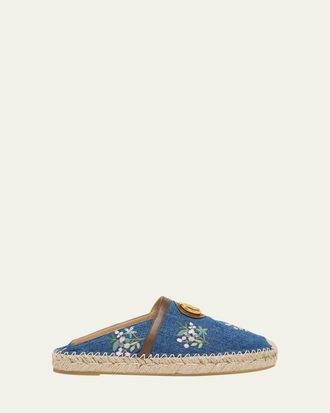Valentino Garavani VLogo Floral-Embroidered Denim Espadrille Mules