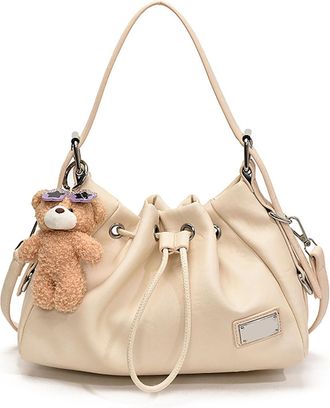 Generic Womens Top Handle Shoulder Bag with Cute Bear Pendant, Classic Tote Bag, Drawstring and Buckle Closure, Adjustable Strap, Applies to Daily Outings and