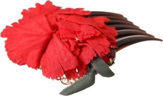 Dolce & Gabbana Red Silk Floral Gold Brass Women Hair Comb Accessory