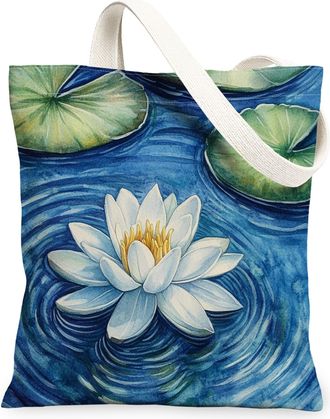 Generic Spring Oil Painting Water Lily pad Canvas Tote Bag for Shopping 13x15, Garden Lotus Leaf Scenic Reusable Grocery Print Bag for Women Men, Landscape Ae