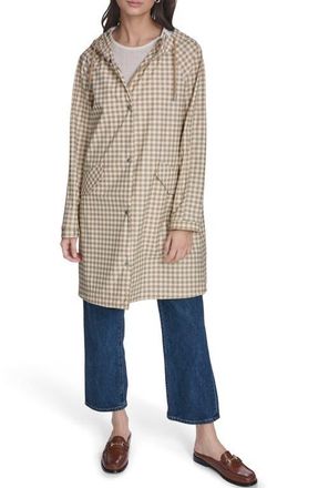 Levi's Water Resistant Hooded Long Rain Jacket in Khaki/Cream Gingham at Nordstrom, Size X-Small