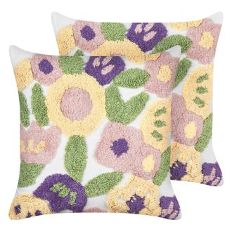 Beliani Conjunto De 2 Cojines Decorativos De Algod&oacute;n Con Motivos Florales Cuadrados 45 X 45 Cm Funda Extra&iacute;ble Multicolor Tricornio