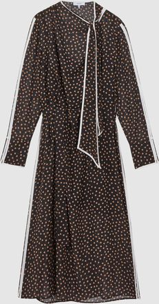 Reiss Womens Black & Brown Polka Dot Tie Neck Midi Dress, Size: 10
