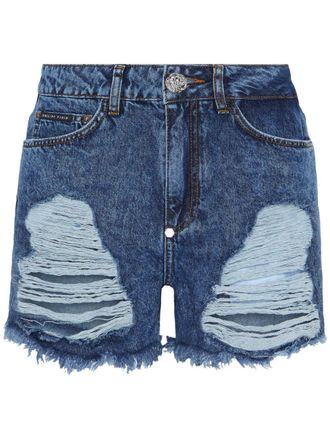 Philipp Plein mid-rise ripped denim shorts - Blue
