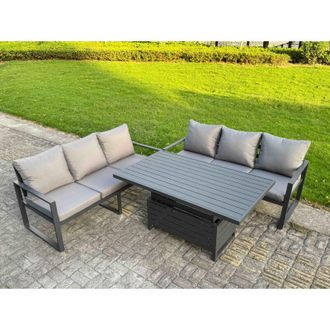 Fimous Fimous 3 Pieces Garden Furniture Set Aluminium Adjustable Rising Lifting Dining Table and Sofa Set with Cushions Dark Grey