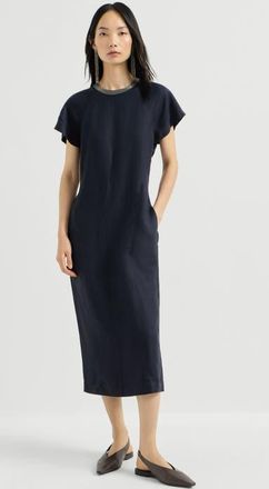 Brunello Cucinelli Viscose and linen fluid twill dress with precious collar in Blue at Nordstrom, Size Xx-Large