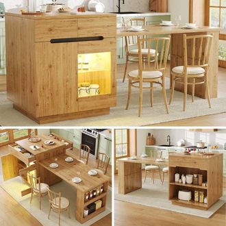 Matteo Kitchen Island - Extendable, LED Lit, Oak Effect - Storage Cabinet in Light Oak