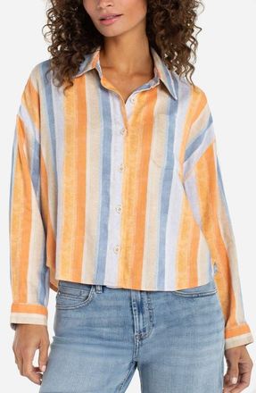 Liverpool L.A. Relaxed Stripe Linen Blend Button-Up Shirt in Orange Multi Stripe at Nordstrom, Size X-Small
