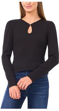 CeCe by Cynthia Steffe Long Sleeve Pearl Keyhold Knit Top Womens Clothing Rich Black : XS, Cotton/Modal/Spandex