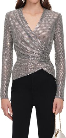 Self Portrait Metallic Silver Long-Sleeved Wrap Top with Textured Pattern
