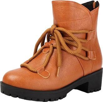 Generic Womens Classic Ankle Boots Round Toe Medium Block Heel Platform With Functional Lace Up For Daily Casual Comfort
