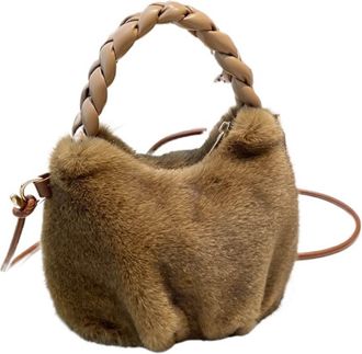 Generic Womens Plush Bags Fluffy Texture Vwrastile Crossbody Bag Women Winter Furry Bucket With Braided Leisure Handle Shoulder Storage Bags(Brown)