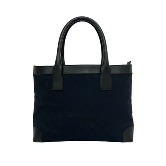 Gucci Black Navy Canvas Leather Handbag Tote Bag (Pre-Owned)