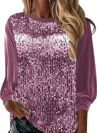 Generic Womens Gold Velvet Sequin Top Long Sleeve Sparkly Going Out Top Tunic Dresses Y2K Glitter Jumpers Formal Tops Elegant Evening Tops Emerald Green Top L