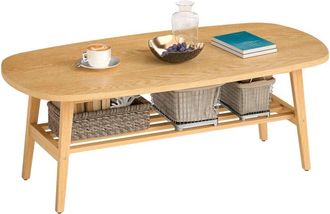 HOMCOM mesa de centro de 2 niveles, moderno con estante abierto inferior y patas de madera, para sal&oacute;n, dormitorio, 120x60x42cm, natural