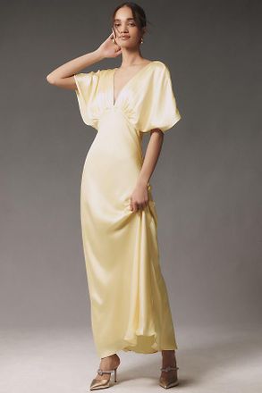 BHLDN Amelia Deep-V Flutter-Sleeve Satin A-Line Gown