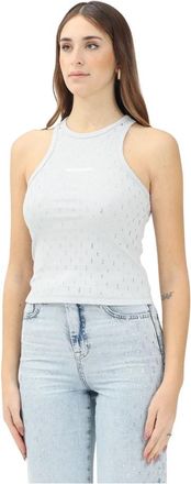 Patrizia Pepe Grijze Geribbelde Katoenen Tanktop met Strass Details - Dames - Tops zonder mouwen - Grijs - M - Katoen - Tops