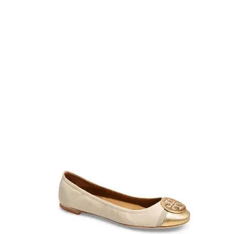 Tory Burch Minnie Logo Medallion Cap Toe Ballet Flat in Dulce De Leche /Gold at Nordstrom, Size 7