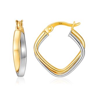 MAX + STONE Solid 10K Yellow and White Gold Two Tone 12mm Double Square Hoop Earrings
