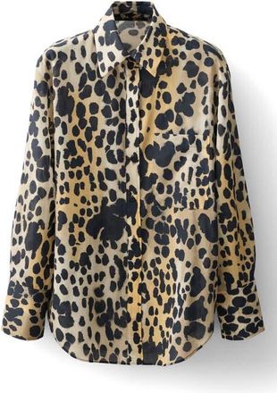 Mango Animal Spot Cotton Button-Up Shirt in Black at Nordstrom, Size 10