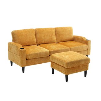 STILVORA Sof&aacute; Esquinero Reversible 4 Plazas En Chenilla Con Puff Cofre, 2 Portavasos Y Bolsillos Laterales, Amarillo