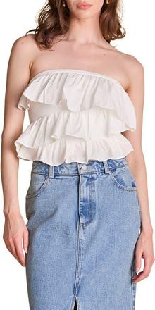 endless rose Mixed Media Ruffle Strapless Rib Tube Top in White at Nordstrom, Size X-Small