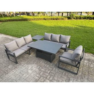 Fimous Aluminum 7-Seater Sofa Dining Set with Lifting Table, Side Table in Dark Grey