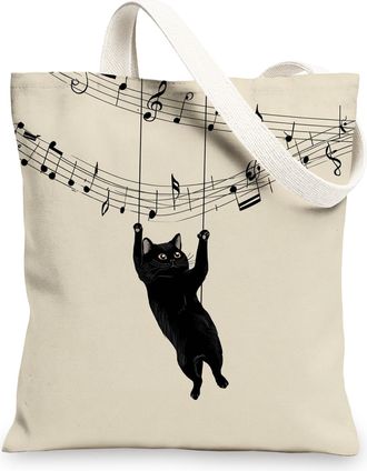 Generic Musical Cat Canvas Tote Bags, Fun Cat Design Reusable Grocery Bags, Lightweight Washable Shoulder Strap Canvas Bags for Gym Outdoor Travel Beach Picni