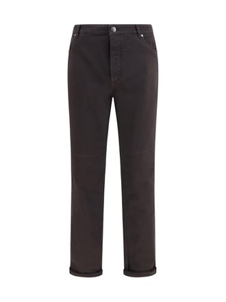 Brunello Cucinelli Mens Jeans With Turn-Up Hem Dark Brown Cotton Trousers