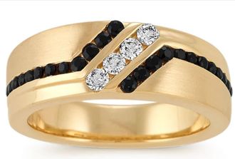 Pompeii3 1 Ct TW Mens Black & White Diamond Wedding Band 10k Yellow Gold Ring