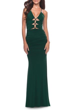La Femme Unique Cut Out Net Jersey Prom Dress in Dark Emerald at Nordstrom, Size 00