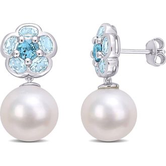 Delmar Sterling Silver 12mm Cultured Freshwater Pearl & Blue Topaz Earrings at Nordstrom Rack