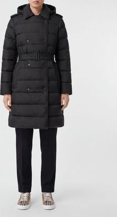 Burberry Cappotto piumino doppiopetto in nylon trapuntato con cappuccio e cintura
