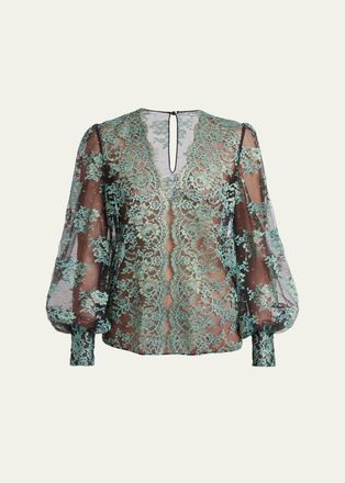 Valentino Garavani Blouson-Sleeve Scalloped Sheer Lace Top