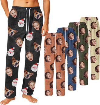 Generic Personalised Flannel Pajama Pants, Custom Pajamas Pants with Photo Face Mens Pj Bottoms, Personalised Christmas Gifts for Dad (Black)