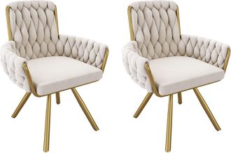 Urban Meuble Conjunto de 2 sillones giratorios en terciopelo beige y metal dorado