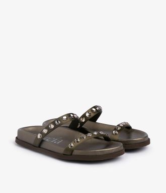 Pedro Garcia Double band flat slide in green satin and cristals | Doyel | Spring Summer 26 | PEDRO GARCIA