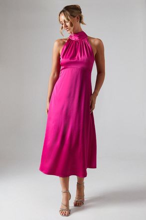 Oasis Womens Satin Halter Neck Midi Bridesmaids Dress - Light Pink - Size 14 UK