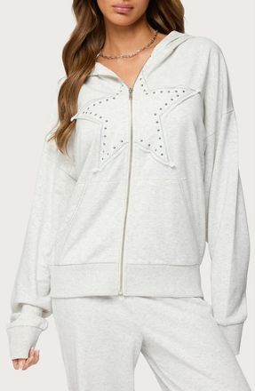 Edikted Briela Stud Detail Zip-Up Cotton Blend Hoodie in Gray-Melange at Nordstrom, Size X-Small