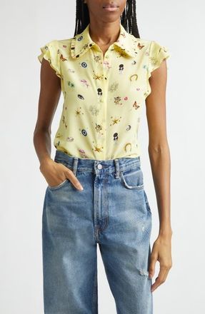 Alice & Olivia Martel Ruffle Flutter Sleeve Silk Button-Up Shirt in Lucky Star at Nordstrom, Size X-Large