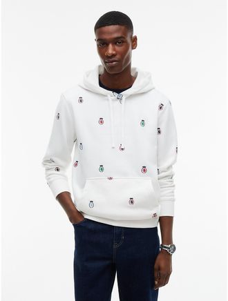 Tommy Hilfiger Mens Allover Embroidered Crest Hoodie - Ecru - XXXL