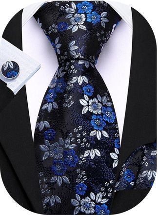 Barry.Wang Mens Tie Silk Blue Black Floral Necktie Pocket Square Cufflinks Set Classic Wedding Party